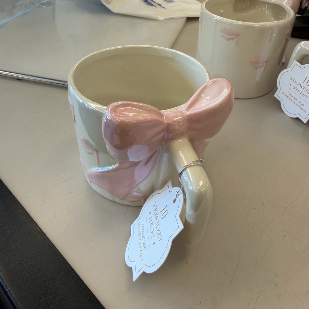 4 Cream Ceramic Mug with Pink Bow Accent